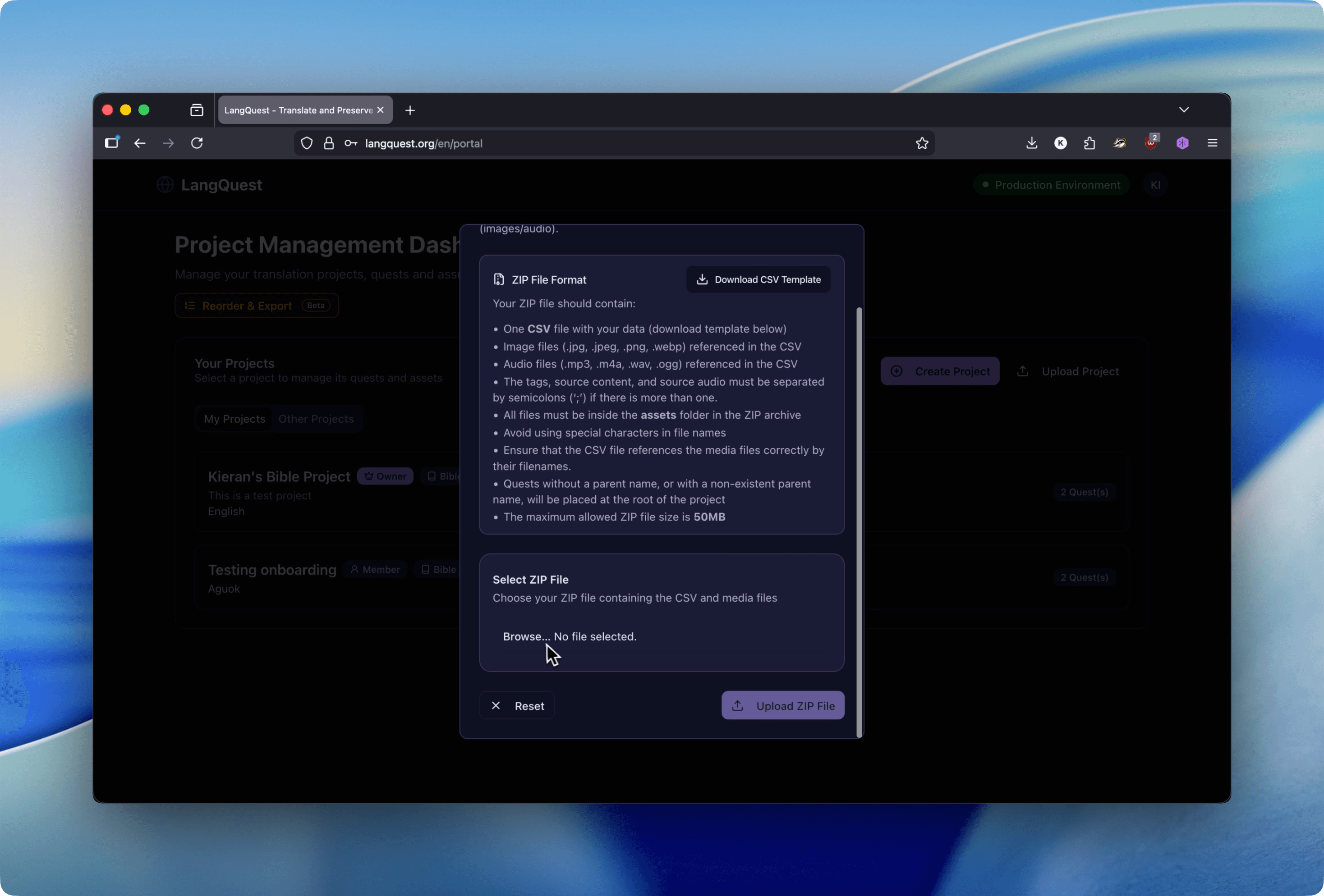 The Select ZIP File section of the popup with the Browse link highlighted