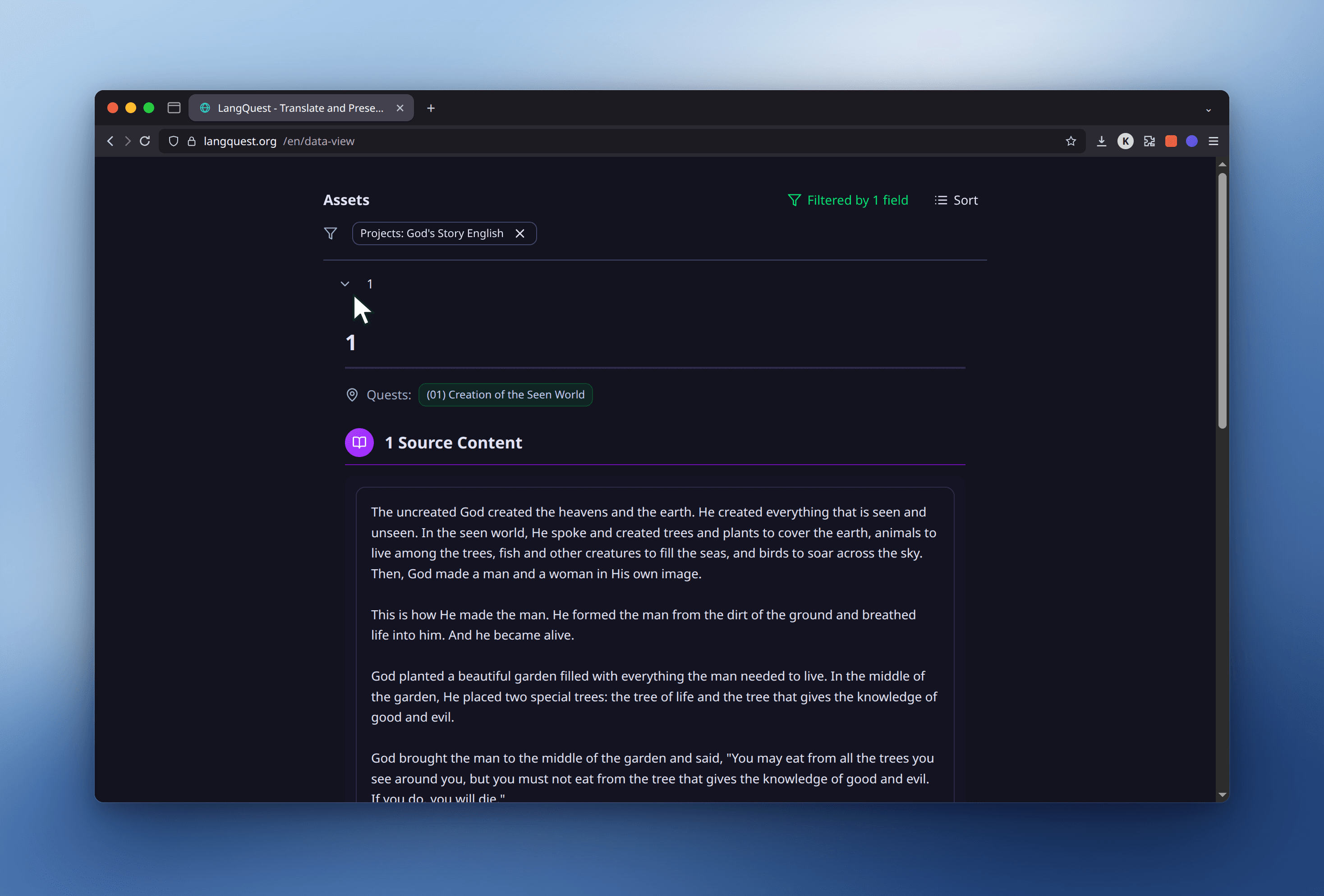 The Data Viewer filtered to a single project, with an expanded asset showing its quest tag and full source text