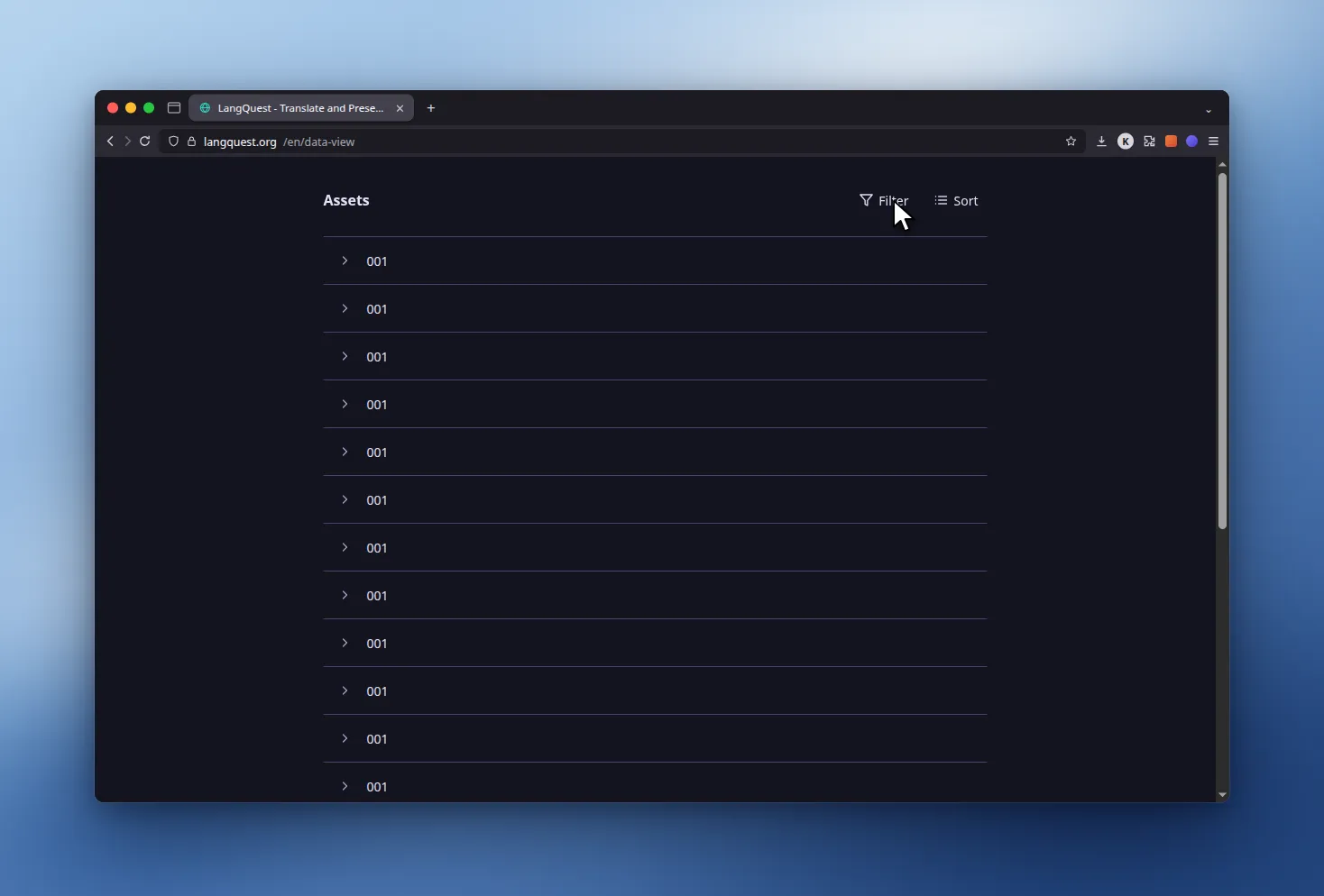 Animated demonstration of opening the Filter panel in the Data Viewer, choosing a project, and expanding an asset to view its source content