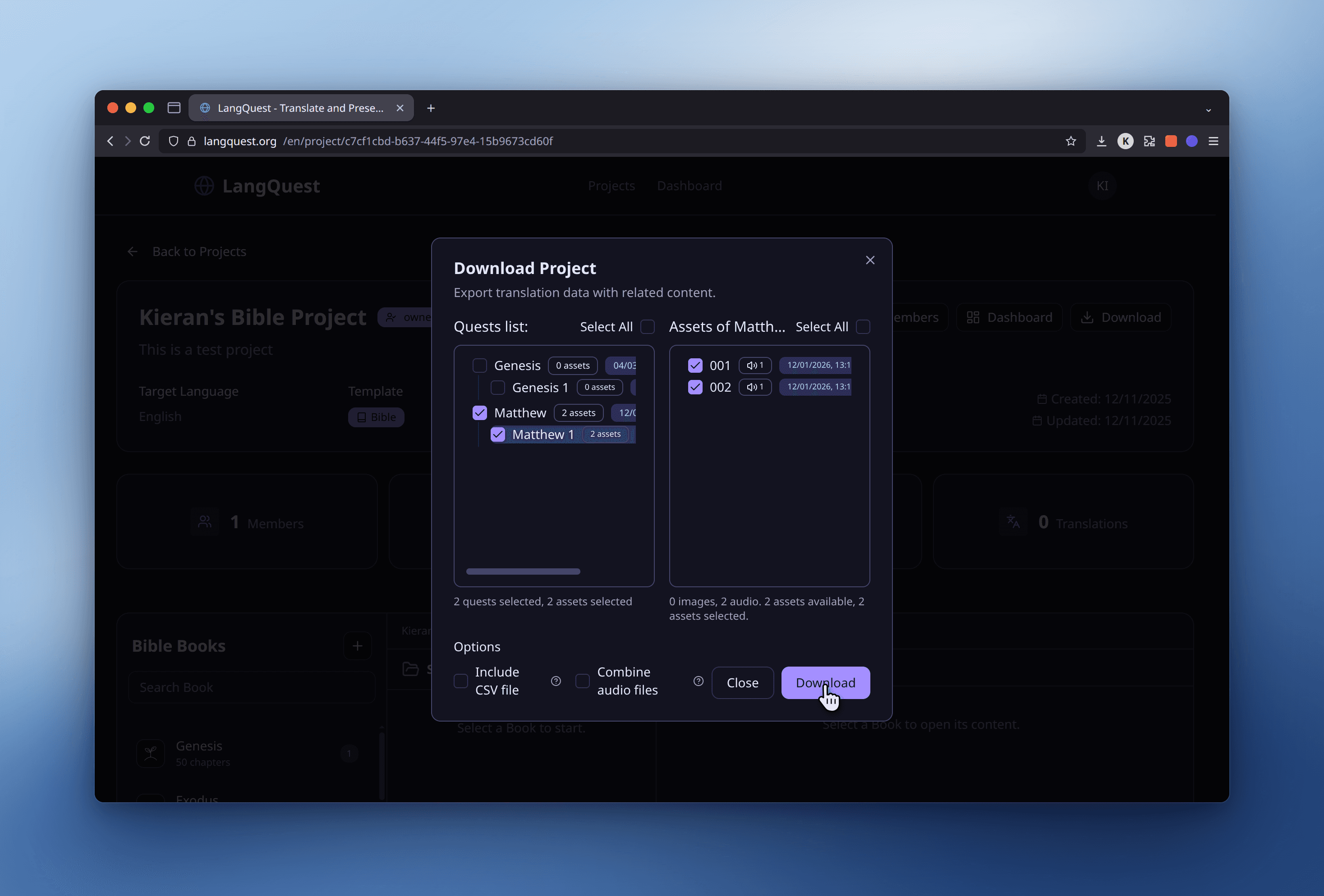 The website Download Project dialog with a quest selected, showing quest and asset counts and the Include CSV file and Combine audio files options