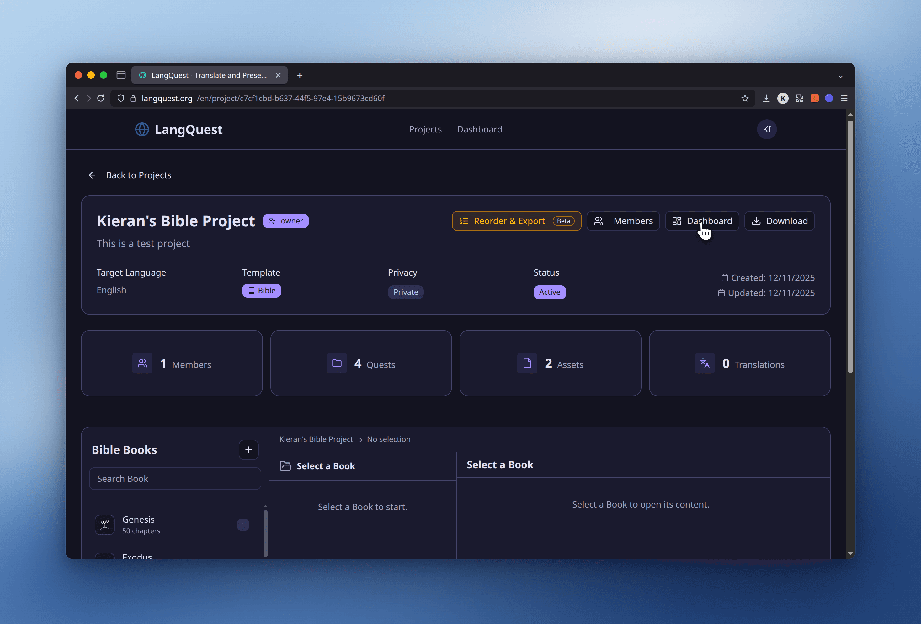 A project page in the Portal with member, quest, asset, and translation counts and a Bible Books panel