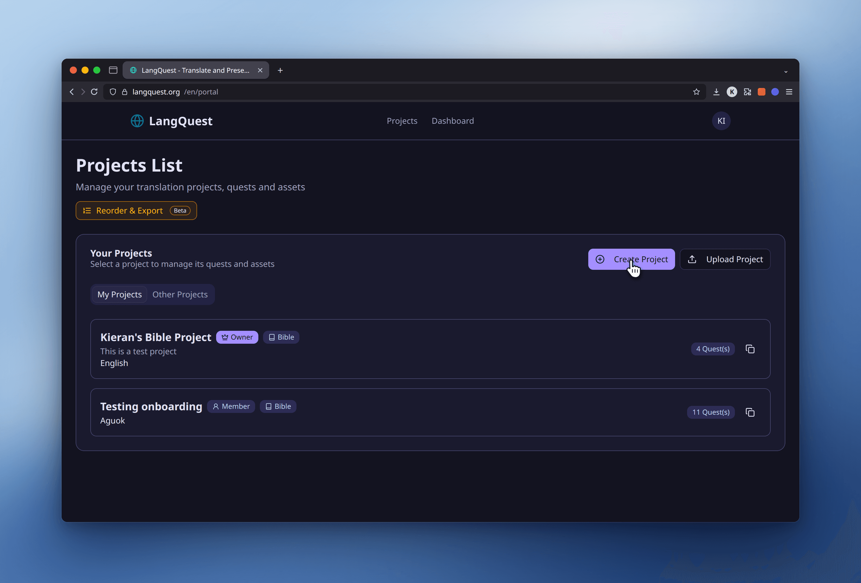 The Portal projects list with membership and template badges, quest counts, and Create Project and Upload Project buttons
