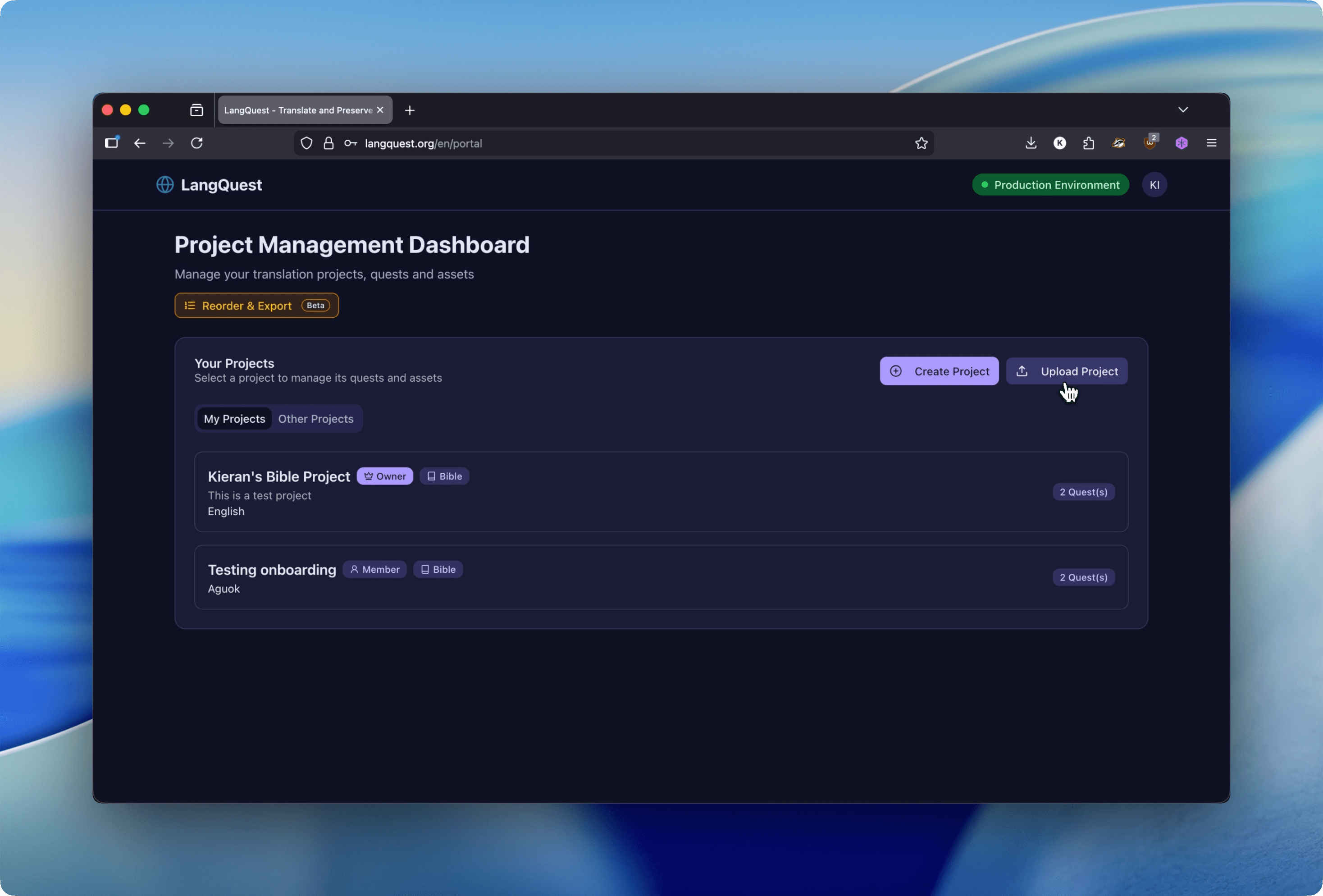 The Project Management Dashboard with the Upload Project button in the top-right of the projects section