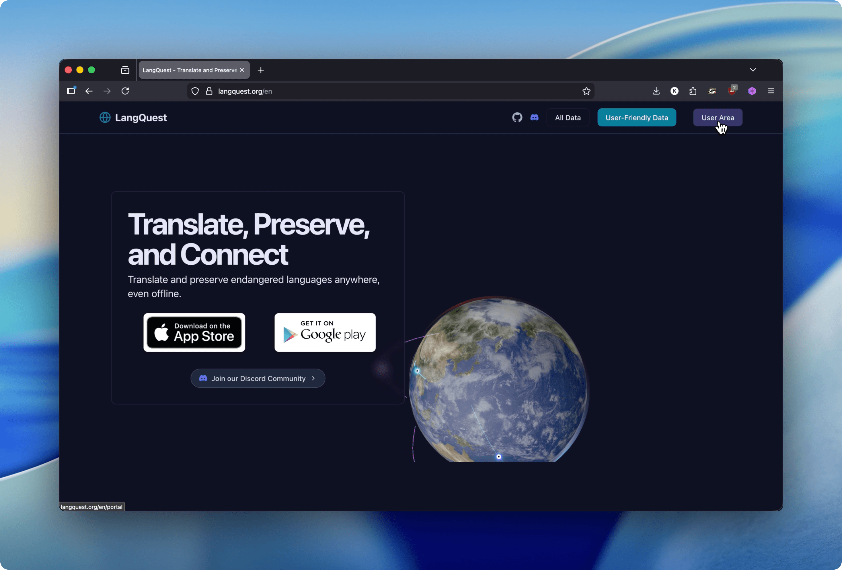 The LangQuest homepage with the User Area button in the top-right corner