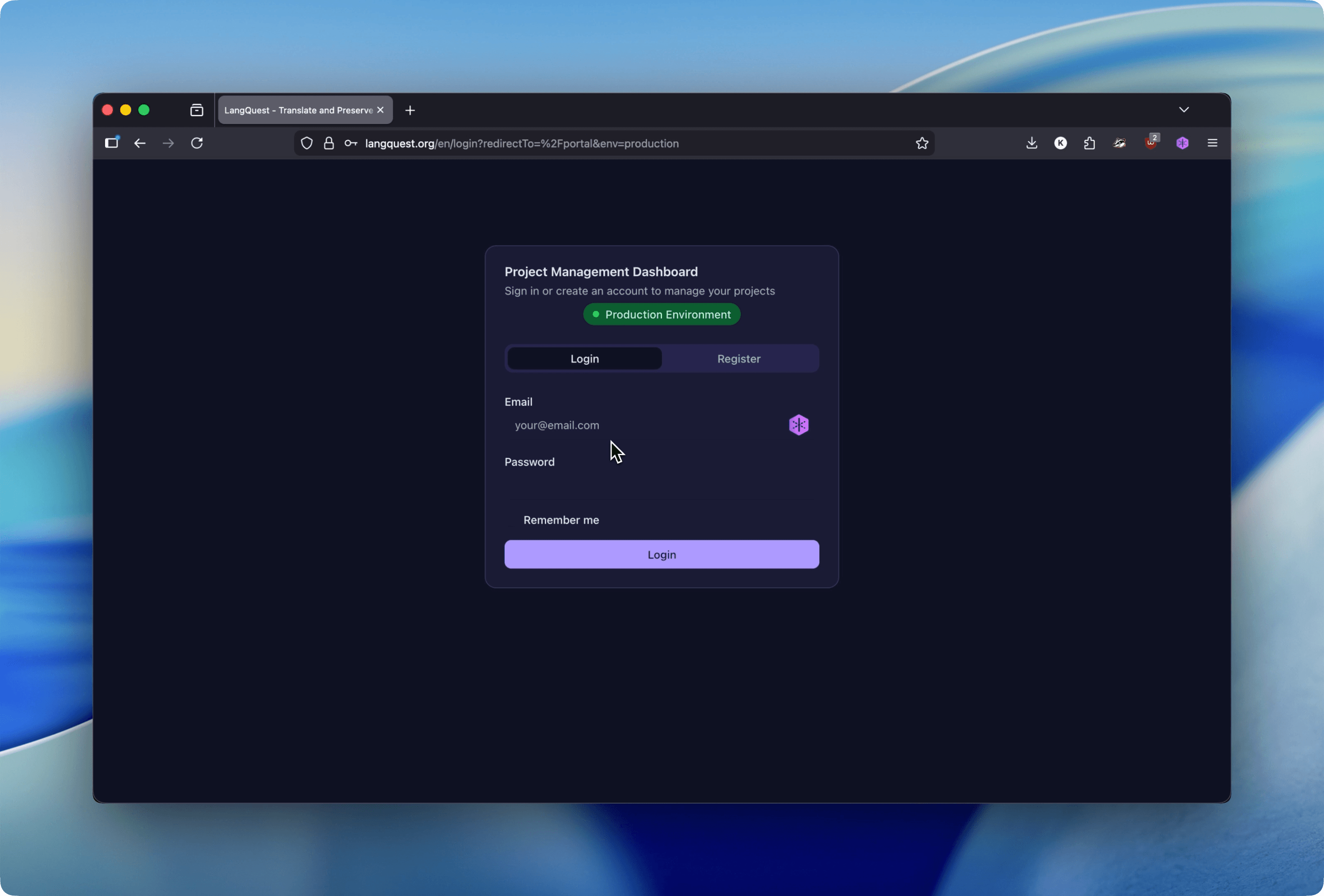The LangQuest Project Management Dashboard login screen